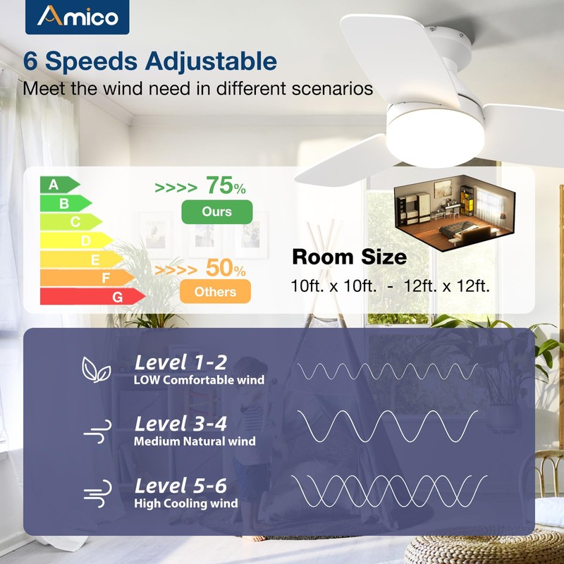 Amico Ceiling Fans with Lights, 30 inch Low Profile Ceiling