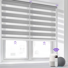 Allesin Motorized Zebra Blinds for Window with Remote, Compatible with Alexa, Smart Dual Layer Shades, Smart Zebra Roller Shades Light Filtering Dry Battery Motor, for Home Office(Grey, H72 x W34)