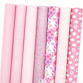 CraftsFabrics 7pcs/Set A4 (21cm x 30cm /8" x 12") Pink Series Mixed Shiny Glitter Lychee Pebble Printed Faux Leather Fabric Sheets Bundle Ideal for DIY Bows, Earring, Shoes, Bags, Decoration, Craft