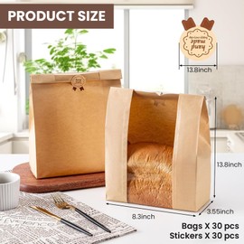 30 Packs Tin Tie Tab Lock Large Paper Bread Bags for Homemade Bread,Home Bread Sourdough Bread Bakery Storage Bags with Window，Label Seal Sticker Included