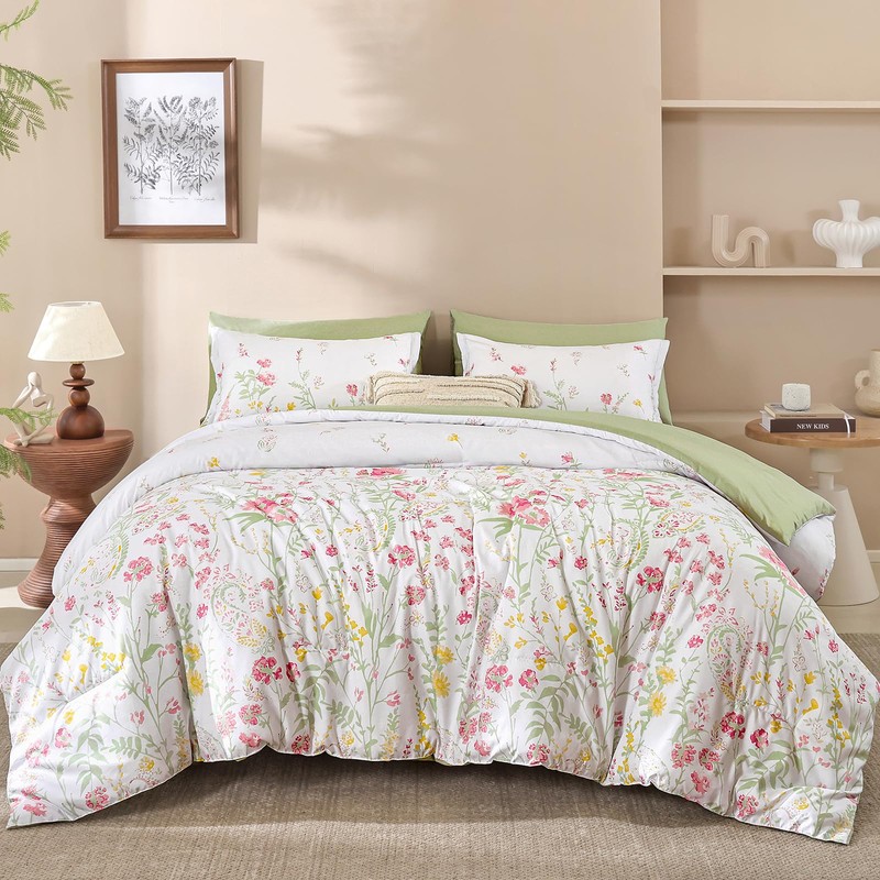Yiran 7 Piece Pink Green Floral Comforter Set King Size,