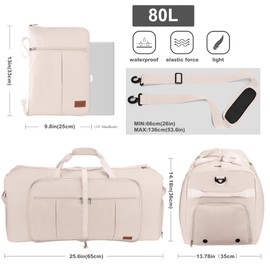 Urtala Foldable Travel Bag for Men & Women, 80L Large Weekender Overnight Bag with Shoe Compartment, Waterproof Hand Luggage Bag/Sports Bag, beige