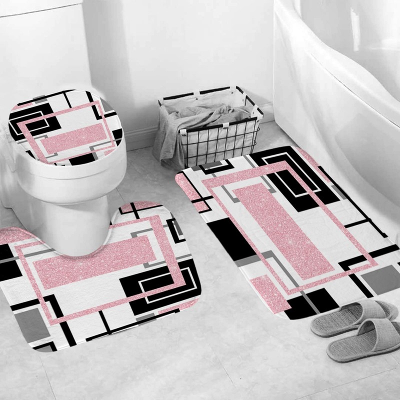 Onalasyc 4Pcs Pink Geometric Shower Curtain with Rugs Set Waterproof