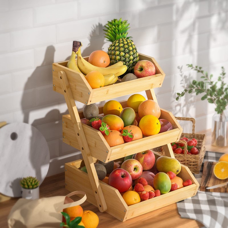G.a HOMEFAVOR Bamboo Fruit Basket, Fruit Organizer for Kitchen Counter,