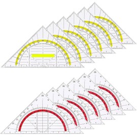Set of 12 Geometry Triangles, 6 Set Squares with Yellow Handle and 6 Red Set Squares, Transparent Set Square Set, Set Square Flexible for School and Office