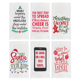 fillURbasket Fun Christmas Kitchen Towels Set Cotton Cute Xmas Dish Towels 6 Pack with Funny Sayings Holiday Flour Sack Kitchen Towels for Dish Drying Hand Drying Decoration 15”x25”