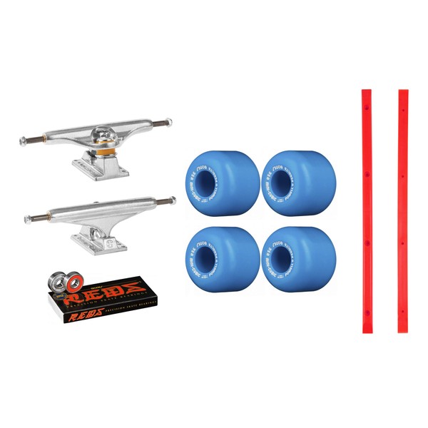 INDEPENDENT 144 Skateboard Trucks, Powell Mini-Cubic Blue Wheels, Red Rails,