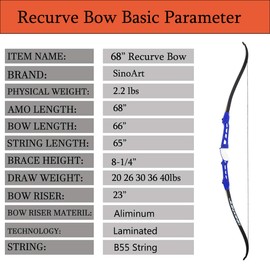 SinoArt 68" Metal Riser Takedown Recurve Bow Adult Archery Competition Athletic Bow Weights 20-36Lbs Right Handed Archery Kit (20Lbs, Blue)
