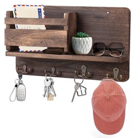 HXIO Hanging Jewelry Organizer Wall Mount with Rustic Wood Shelf, Ring Display Box, Ear Studs Earring Holder, Rotating Necklace Holder, Brown