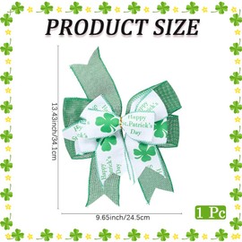 CREATCABIN St Patrick's Day Bow for Wreath Decorations Large Burlap White Green Glitter Shamrock Bowknot Holiday Crafts Bows St Patrick's Day Tree Bows for Front Door Outdoor Outside 13.43x9.65 Inch