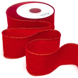 Ribbli Red Velvet Wired Ribbon,Velvet Ribbon with Gold Metallic Edge, 2-1/2 Inch x Continuous 10 Yard, Christmas Ribbon for Big Bow,Wreath,Tree Decoration