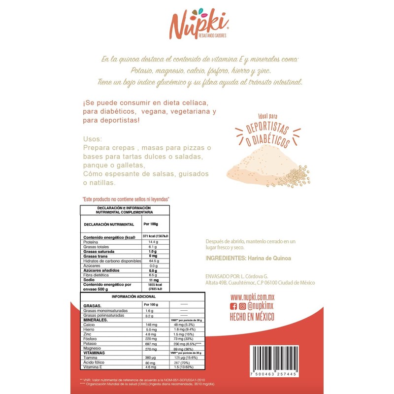 Nupki Harina de Quinoa 500g x2 Sin gluten, Fuente de