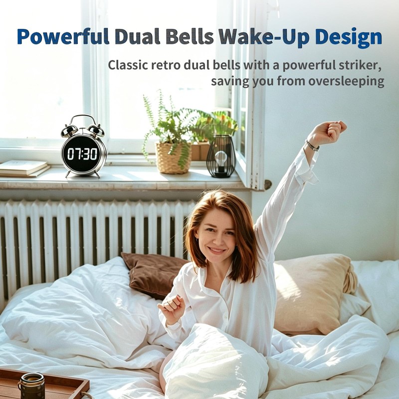 Digital Alarm Clock LED Display, No Ticking, Loud Alarm Clock