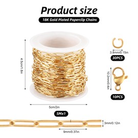 16.4Ft Gold Chain for Jewelry Making,18K Gold Plated Stainless Steel Oval Paperclip Chain Roll with 10 Lobster Clasps and 30 Jump Rings,DIY Charm Necklace and Bracelet,Bulk Chain Spool for Women Men