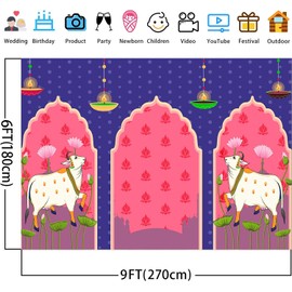 TYOOFD Indian Blue Lotus Cow Pooja Pichwai Backdrop for Traditional Indian Pooja Wedding Housewarming Diwali Ganapati Baby Shower Haldi Ceremonies Indian Wall Art Photo Background 9x6ft BJDWFD411