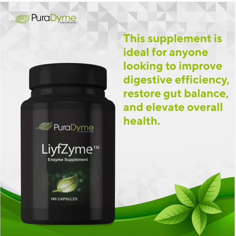 PuraDyme LiyfZyme Plant-Based Digestive Enzyme, Digestive Health Support 180 Cap