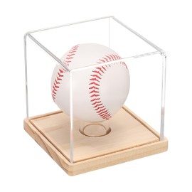 sourcing map Baseball Display Case with Wooden Round Base, Acrylic Baseball Display Cube Dust Clear Baseball Holders for Autographed Baseball, Memorabilia Baseball, Wooden/Clear