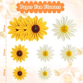9Pcs Papers Decorations Yellow Paper Fan Party Decoration Supplies White Yellow Paper Fan Flowers Sunflower Themed Decorations for Baby Shower Birthday Party Wedding Graduation 20/25/30cm (Sunflower)