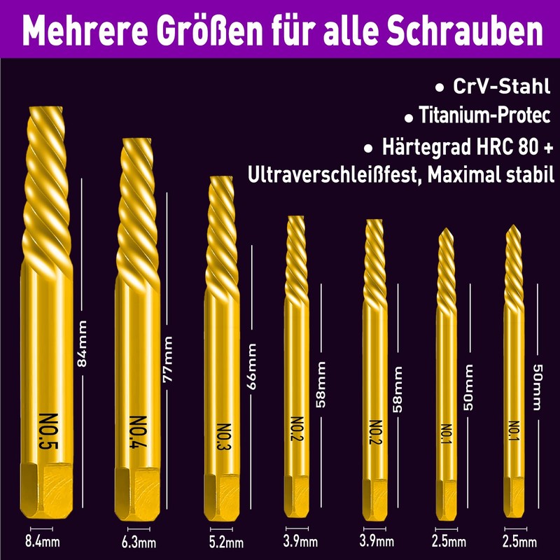 Titanium Screw Extractor Set, 7-Piece Made of CrV Steel, HRC