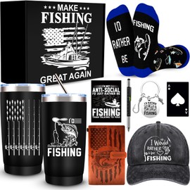 JTAMOHI 9 Pcs Fishing Gift Set for Men: 20 Oz Black Stainless Steel Insulated Tumbler, Vintage Baseball Cap, Fishing Socks, Leather Journal, Keychain & More