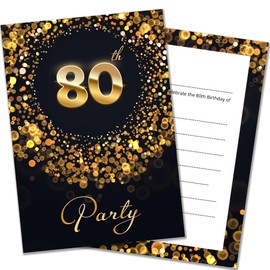 Olivia Samuel 20 x 80th Birthday Party Invitations with Envelopes - Ready to Write - Black and Gold Effect - Designed and Printed in the UK