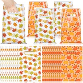 SilTriangle 48 Pcs Fall Plastic Gift Bags Bulk Thanksgiving Autumn Goodie Treat Party Favor Bags with Handle Maple Leaves Pumpkin Candy Pouches for Fall Party Supplies Gift Wrap