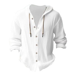 Lingt Chic Linen Shirts for Men Casual Button Shirts Summer Cotton Linen Hoodie Beach Long Sleeve Shirts Top with Hood White