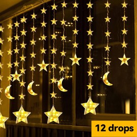 TheaPro Solar 12 Drops Star Moon Curtain Lights 8 Lighting Modes Waterproof Window Curtain Fairy Lights Christmas Decorations Lights for Home Party Outdoor - Warm White