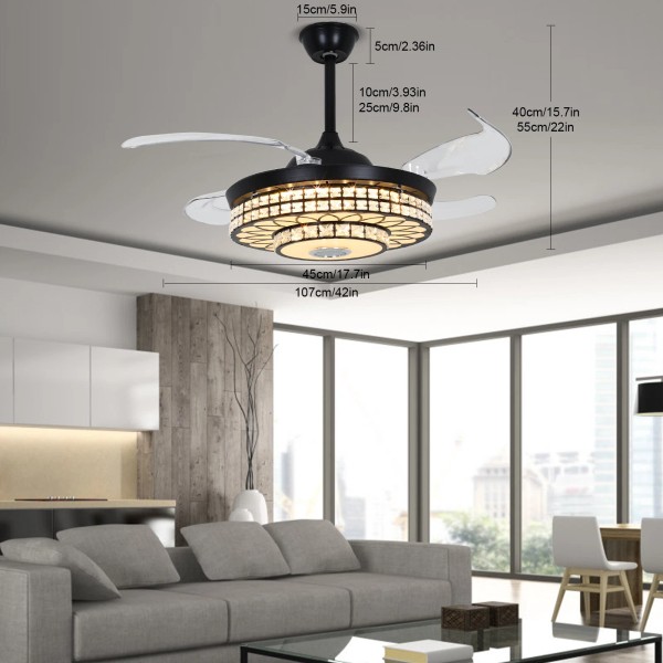 42" Retractable Ceiling Fan Light & Bluetooth Speaker Dimmable LED