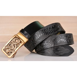 Lyqqine Men's Ratchet Leather Belt Classical Dragon Button Scalp Belt Dragon Carved Jeans Belt Casual Men's Business Belt (Black Dragon 3)