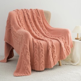 GINAMUSE Chunky Knit Blanket Super Soft Cable Fluffy Microfiber Cozy Warm Winter Blanket for Couch Sofa Bed Twin Size 60"X80" Pink