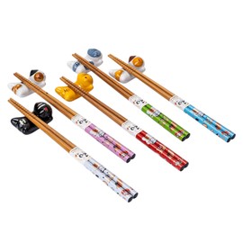 5 Pair Japanese Asian Bamboo Chopsticks Set with Ceramic Neko Cats Rest 5 Pairs In Gift Box Packaging