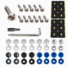 Anti Theft Number Plate Screws Fitting Kit, M5 Stainless Steel Car Number Plate Screws and Caps Set - Includes Black, White and Blue Plastic Hinge Caps for Cars and Motorcycles