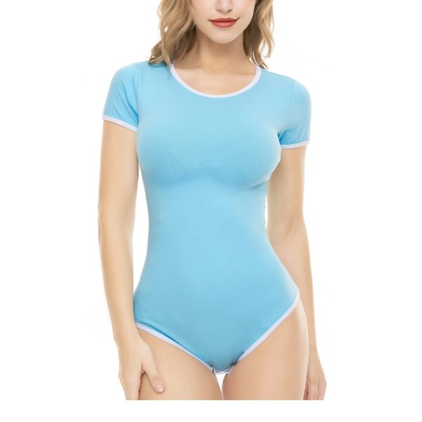 Cotton Button Crotch Bodysuits Adult Romper Onesie Basics, Azul (Skyblue),