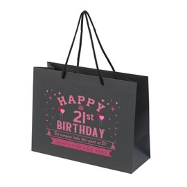 21st Birthday Gift Bag - Black Paper With Handles for Women Men - Small Presents Bag With Rope Handles - Looks Great - Pink