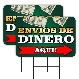 Vista Products Envios De Dinero Aqui 2 Pack Double-Sided Yard Signs 16" x 24" with Metal Stakes (Made in Texas)