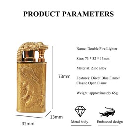 Magic Dual Flame Crocodile Lighter, Torch & Soft Flame Creative Windproof Croc Torch Lighter, Cool Dual Jet Flame Butane Lighter, Refillable Butane Lighter for Outdoor Indoor (Gold)