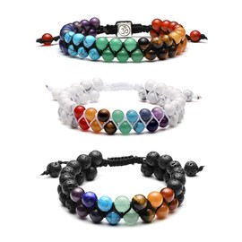Top Plaza Bead Chakra Bracelet 7 Chakras Healing Crystals Bracelet Yoga Stone Beads Bracelets Meditation Relax Anxiety Bangle for Womens Mens - Set of 3, 9 5 inch, Crystal Gemstone