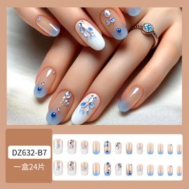 Blue Gradient French Tip Press on Nails Rhinestones False Nails Artificial Nails Medium Square Fake Nails Glossy Acrylic Nails Full Cover Glue on Nails for Women