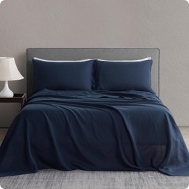 DAPU Pure Linen Sheets Set, 100% French Linen from Normandy, Breathable and Durable for Hot Sleepers, 4 Pcs Set - 1 Flat Sheet, 1 Fitted Sheet, 2 Pillowcases (Navy Blue, Queen)