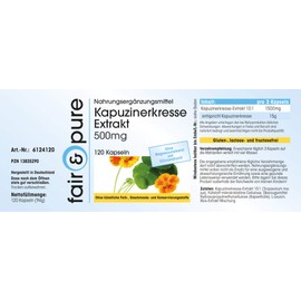 Fair & Pure® - Nasturtium Extract 500 mg - 10x Concentrated - Natural - Vegan - No Magnesium Stearate - 120 Nasturtium Capsules