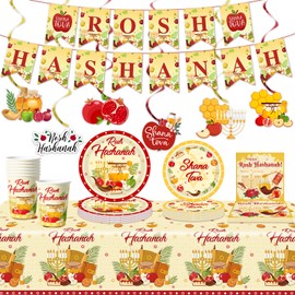 Rosh Hashanah Party Decorations Tableware,Jewish New Year Plates Shana Tova Party Tablecloth Napkins Cups Banner Hanging Swirls for Holiday Party Decorations(Serve 16)