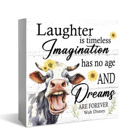 XDFVL Funny Cow Decor Wooden Box Sign Desk Decor, Cow Decorations for Home, Cow Print Decor, Laughter Is Timeless Imagination, Cow Bathroom Decor, Cow Office Decoration, 5x5 Inch