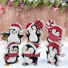 6 Pack Cute Winter Penguin Christmas Indoor Decorations, Wooden Christmas Red Penguins Table Signs Wooden Christmas Decorations for Party Home Christmas Indoor Decor