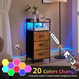 Somdot Tall Nightstand with Charging Station and LED Light for Bedroom, 3 Drawers Dresser with Fabric Bins for Bedside Kids Dorm Room Closet Laundry Entryway, Wood Grain Print