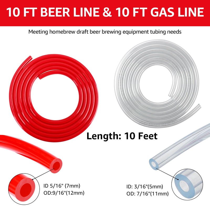 FERRODAY 10 FT 3/16 Beer Line Tubing & 5/16 CO2
