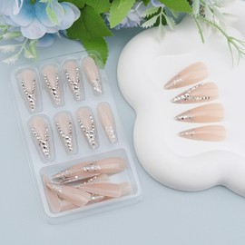 24Pcs Long Stiletto Press on Nails, Silver French Tip Fake Nails with Sparkly Rhinestone Design, Full Cover Nude Glossy False Nail Tips Stick on Nail, Reusable Acrylic Nail Press on for Women