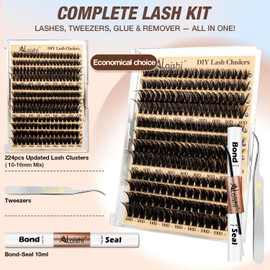 AILAISHI Lash Clusters Kit, DIY Cluster Eyelash Extensions 9‑16mm, 60D+80D+100D, 224pcs Fluffy D Curl Natural Lashes with Bond & Seal,Tweezers–Fake Cat Eye Individual Clusters