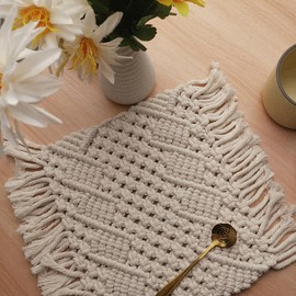 Utobanh Handmade Cotton Woven Crochet Placemat with Tassels, 10 x12 Inches Small Place Mat for Bohemian Wedding Décor, Boho Table Mat for Farmhouse, Rustic Décor for Dining Table, Beige