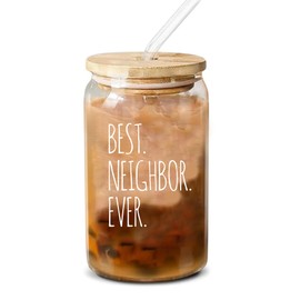 Best Neighbor Ever Neighbor Gifts Glass Can with Bamboo Lid and Straw Housewarming Gifts Glass Cup Iced Coffee Glasses Beer Can Shaped Drinking Glasses Drinking Jars 16 oz